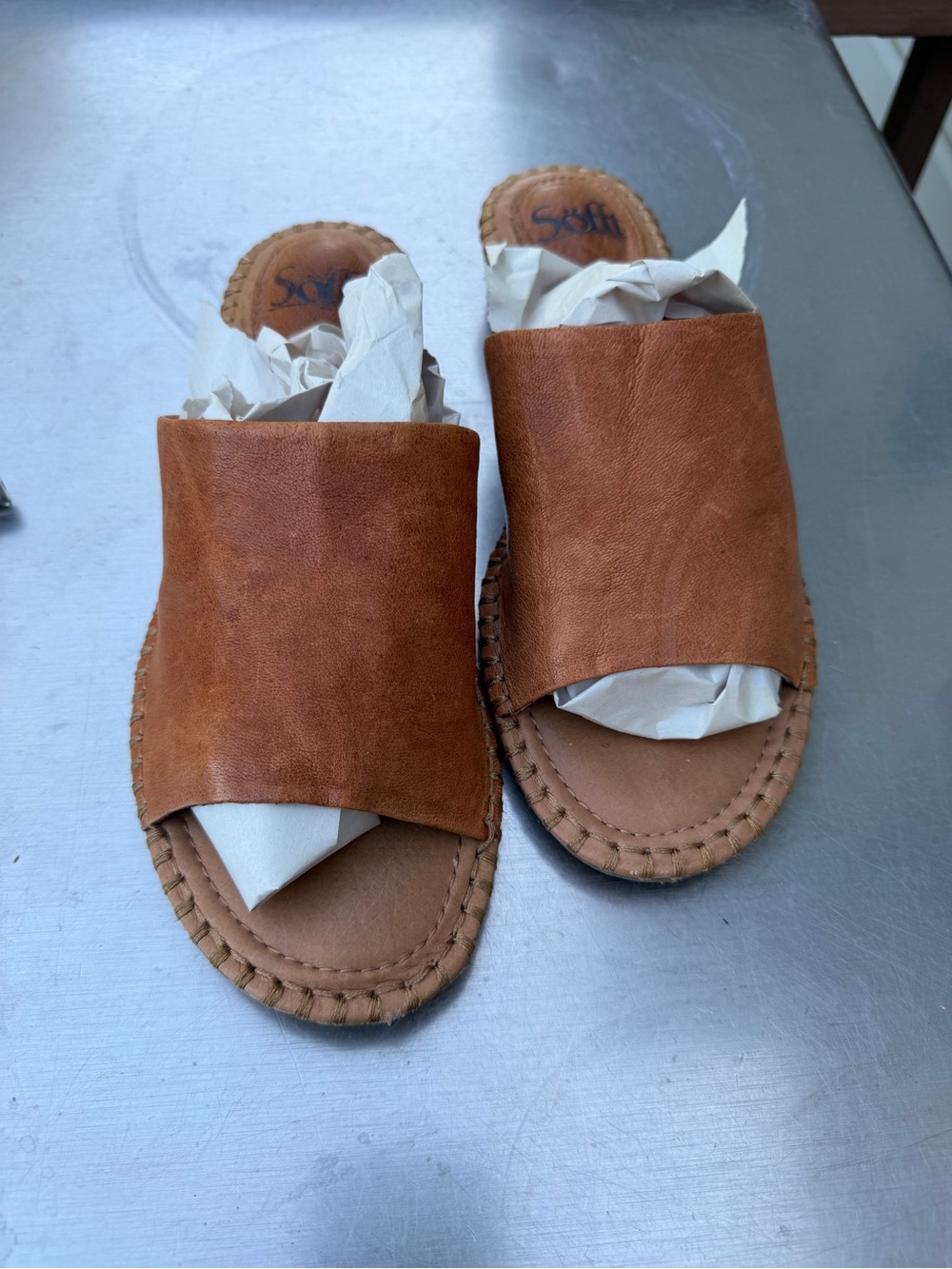 Sofft Brown Leather Slide Sandals Womens 8M Espadrille Comfort Shoes